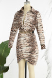 Coffee Casual Print Patchwork With Belt Turndown Collar Long Sleeve Dresses