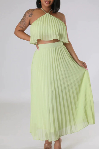 Light Green Casual Solid Patchwork Pleated Halter Sleeveless Two Pieces