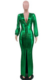 Green Sexy Solid Patchwork High Opening V Neck Long Dress Dresses