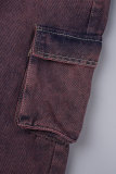 Jeans denim dritti a vita media di base patchwork casual marrone