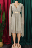 Robes trapèze élégantes en maille patchwork solide, couleur or Rose, réfléchissantes, col en V (avec ceinture)
