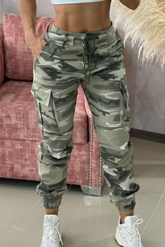 Camouflage Casual Camouflage Print Patchwork Draw String Pocket Buttons Zipper Regular Mid Waist Conventional Full Print Bottoms