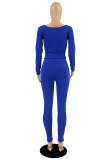 Blue Casual Basic U Neck Long Sleeve Two Pieces