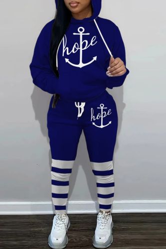 Dark Blue Casual Graphcis Print Hooded Collar Long Sleeve Draw String Pocket Sweatshirt And Pants Sportwear Two Piece Jogger Set
