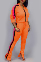 オレンジ カジュアル ソリッド パッチワーク ジッパー カラー 長袖 XNUMX ピース
