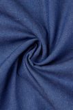 Diepblauwe casual effen patchwork asymmetrische overhemdkraag, lange mouwen, normale denimjurken
