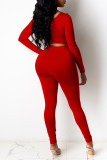 Red Casual Basic U Neck Long Sleeve Two Pieces