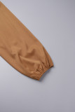 Marrom casual sólido frênulo com decote em V manga comprida vestidos plus size