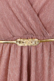 Rose Gold Elegant Solid Patchwork Mesh Reflective V Neck A Line Dresses(With Belt)