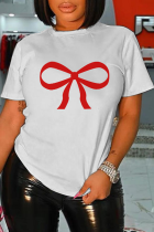 Weiße Patchwork-T-Shirts mit O-Ausschnitt im Vintage-Stil mit süßem Aufdruck