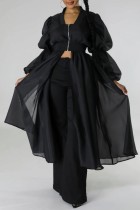 Vestidos de manga comprida preto casual sólido patchwork com decote em U