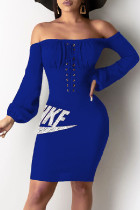Blue Casual Print Off the Shoulder Long Sleeve Dresses