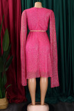 Vestidos de linha A elegantes em ouro rosa sólido patchwork malha reflexiva com decote em V (com cinto)