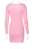 Розовые повседневные однотонные лоскутные платья с длинными рукавами и U-образным вырезом