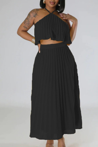 Black Casual Solid Patchwork Pleated Halter Sleeveless Two Pieces