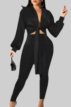 Black Street Solid Bandage Patchwork V Neck Long Sleeve Two Pieces