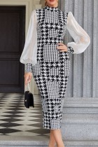 White Casual Print Patchwork Half A Turtleneck One Step Skirt Dresses