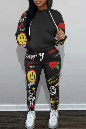 Black Casual Graphcis Print Hooded Collar Long Sleeve Draw String Pocket Sweatshirt And Pants Sportwear Two Piece Jogger Set