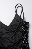 Svarta sexiga patchwork paljetter Backless Spaghetti Strap Ärmlösa klänningar