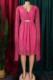 Vestidos de linha A elegantes em ouro rosa sólido patchwork malha reflexiva com decote em V (com cinto)