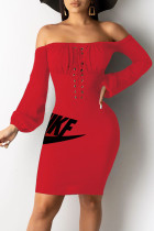 Rode casual print off-shoulder jurken met lange mouwen