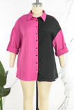 Top taglie forti con colletto della camicia a contrasto patchwork casual rosso rosa