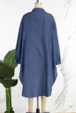 ディープブルー カジュアル ソリッド パッチワーク 非対称 シャツカラー 長袖 レギュラー デニム ドレス