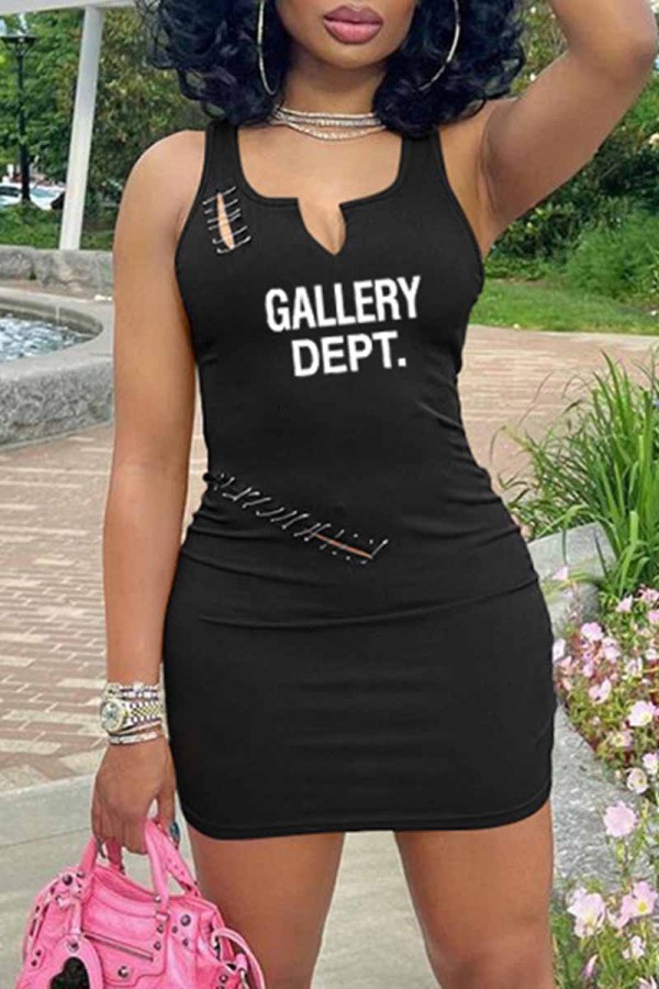 Schwarze sexy Street-Print-Kleider mit zerrissenem Buchstaben und V-Ausschnitt, einstufiger Rock