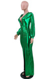 Vestido longo verde sexy sólido patchwork com abertura alta e decote em V