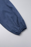 Синие повседневные однотонные базовые платья больших размеров с круглым вырезом и длинными рукавами