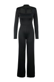 Zwart Mode Casual Effen Uitgeholde O-hals Regular Jumpsuits (Zonder Riem)