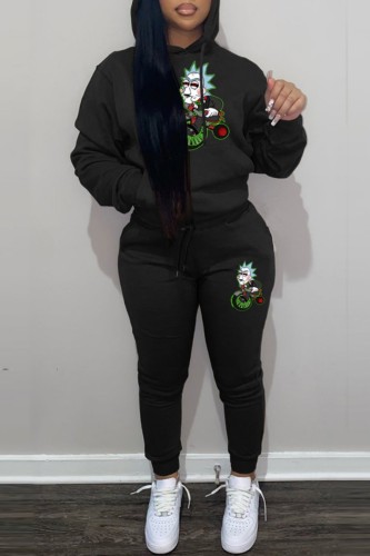 Black Casual Print Basic Hooded Collar Long Sleeve Two Pieces