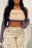 Apricot Sexy Solid Backless Off the Shoulder Long Sleeve Tops Two Pieces