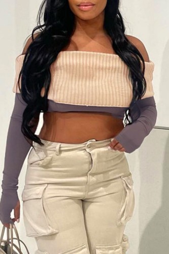 Apricot Sexy Solid Backless Off the Shoulder Long Sleeve Tops Two Pieces