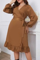 ブラウン カジュアル ソリッド 小帯 V ネック長袖プラス サイズ ドレス