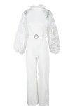 Witte casual effen patchwork doorzichtige riem met halve col en grote maat jumpsuits
