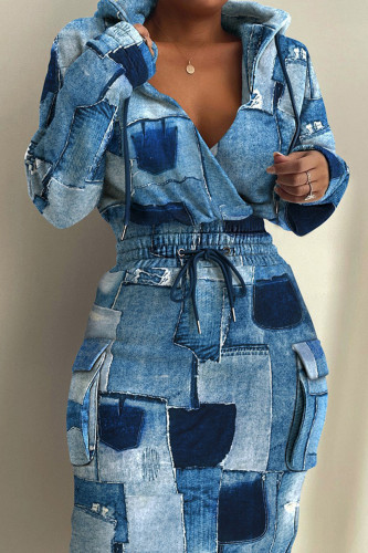 Ковбойский синий повседневный принт в стиле пэчворк с карманами и воротником с капюшоном с принтом платья платья