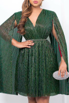 Verde Elegante Sólido Patchwork Malha Refletiva Decote em V Vestidos Linha A (com Cinto)