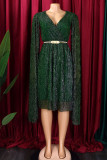 Cremeweißes, elegantes, solides Patchwork-Mesh-reflektierendes A-Linien-Kleid mit V-Ausschnitt (mit Gürtel)