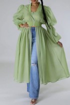Hellgrüne, lässige, solide Patchwork-Kleider mit U-Ausschnitt und langen Ärmeln