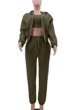 Army Green Casual Solid Basic O Neck Long Sleeve  Three Piece Set
