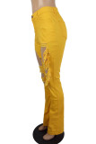 Gelbe, legere, einfarbige Skinny-Denim-Jeans mit Quasten und Rissen und mittlerer Taille