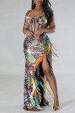 Разноцветное сексуальное вечернее платье в стиле пэчворк с блестками и перьями и разрезом на бретельках с открытой спиной, вечерние платья