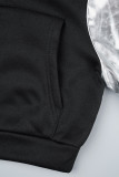 Черный Уличный Однотонный Лоскутное шитье Застежка-молния Воротник с капюшоном Длинный рукав Две части