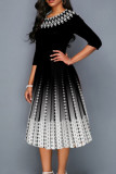 Cyanfarbenes, elegant bedrucktes Patchwork-Kleid in A-Linie mit O-Ausschnitt