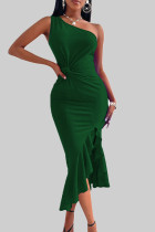 Grün Sexy Solid Patchwork Volant One Shoulder Unregelmäßige Kleid Kleider