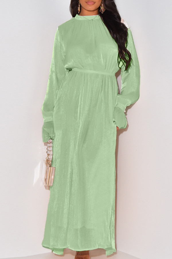 Зеленые сладкие однотонные лоскутные платья с круглым вырезом и длинными рукавами