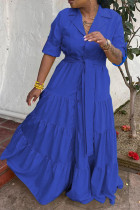 ブルー カジュアル ソリッド 包帯 パッチワーク バックル ターンダウン カラー A ライン プラス サイズ ドレス