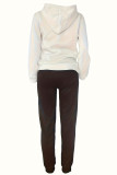Branco preto casual estampado patchwork cordão bolso gola com capuz manga comprida duas peças