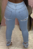 Azul claro casual sólido oco retalhos bolso botões zíper cintura média jeans regular